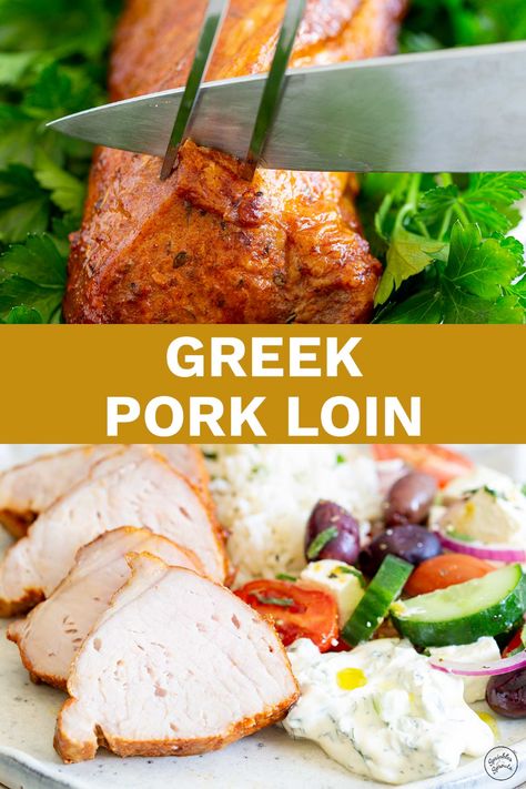 Greek Pork Loin Recipes, Greek Pork Tenderloin Recipes, Mediterranean Pork Tenderloin, Greek Pork Tenderloin, Oregano Potatoes, Pork Fillet Recipes, Greek Pork, Pork Riblets, Greek Salads