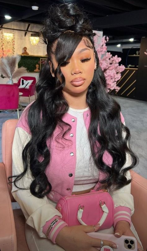 Half Up Half Down Bun Lace Front Wig, Bun With Bangs Black Women Weave, Half Up Half Down Bun Wig, Half Up Half Down Bang Quick Weave, Half Up Half Down Pin Up Hairstyles, Birthday Hair Ideas Hairstyles Half Up, Up Down Wig Styles, Half Up Half Down Bun With Bangs, Barbie Hairstyle Black Women