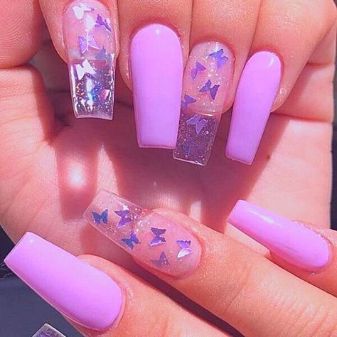 Pink And Purple Nails, Trendy Acrylic Nails, Nails Acrylic Coffin, Butterfly Nail Designs, Clear Acrylic Nails, Lavender Nails, Butterfly Nail Art, Cute Acrylic Nail Designs, Acrylic Coffin