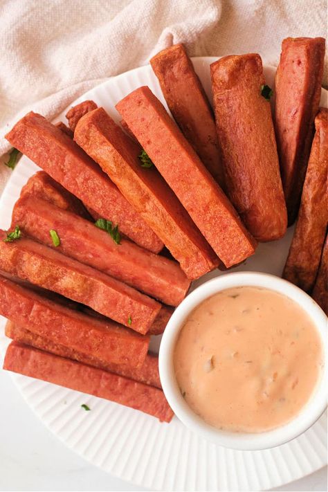 Air Fry Spam · The Typical Mom Spam Fries Recipe, Air Fryer Spam, Spam Fries, Fried Spam, Frozen Fish Fillets, Air Fryer Fish Recipes, Spam Recipes, Spicy Dipping Sauce, Cut Recipe