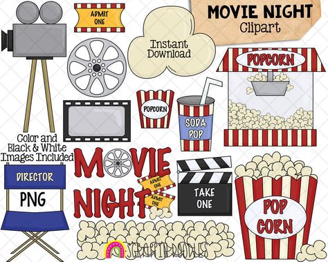 Movie Night Illustration, Planner Illustrations, Journal Illustrations, Night Clip, Movie Clipart, Popcorn Movie, Bullet Journal Ideas Templates, Night Illustration, Minimal Patterns