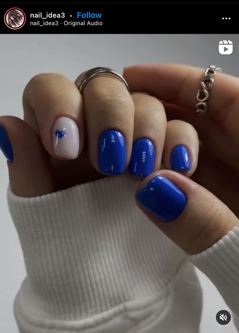 Blue Nails For Valentines Day, Nail Designs For Short Nails Blue, Short White Nails With Blue Heart, Teal Valentines Day Nails, Blue Heart Nails Short, Blue Valentines Nails Designs, Blue Heart Nail Designs, Blue Nails With Heart, Valentines Day Nails Blue