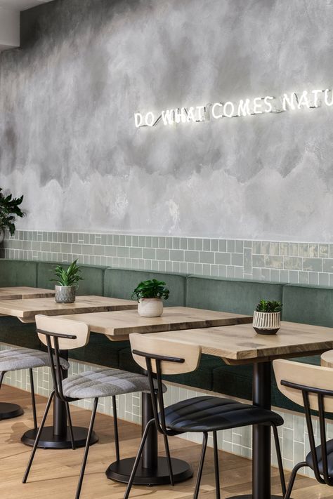 Farmer J restaurant in London boasts grey surfaces and green accents Café Design, Neon Signage, Restaurant In London, Decoration Restaurant, Design Café, Concrete Walls, Coffee Shops Interior, 카페 인테리어 디자인, Pizza Restaurant