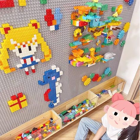 Playroom Building Area, Lego Wall Playroom, Playroom Craft Room, Playroom Game Room Ideas, Playroom Setup Layout, Elementary Age Playroom, Garage Kids Playroom, Wall Games For Kids, Lego Wall Diy