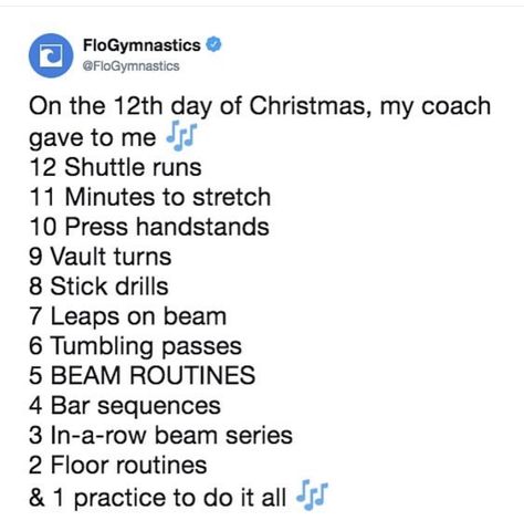 12 days of Christmas Gymnastics edition by @FloGymnastics Gymnastics Coach Gift Ideas, Relatable Gymnastics, Gymnastics Vibes, Gymnast Problems, Christmas Gymnastics, Flexibility Gymnastics, Funny Gymnastics Quotes, Gymnastics Things, Inspirational Gymnastics Quotes