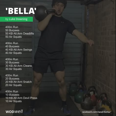 "Bella" Workout, CrossFit WOD | WODwell - 400m Run; 50 Burpees; 50 KB Alt Arm Deadlifts; 50 Air Squats; 400m Run; 40 Burpees; 40 KB Alt Arm Swings; 40 Air Squats; 400m Run; 30 Burpees; 30 KB Alt Arm Cleans; 30 Air Squats; 400m Run; 20 Burpees; 20 KB Alt Arm Snatch; 20 Air Squats; 400m Run; 10 Burpees; 10 KB Alt Arm Devil Press; 10 Air Squats Running Crossfit Workout, Back Squat Workout Crossfit, Arm Wod Crossfit, Sandbag Workout Crossfit, Running Wods Crossfit, Devil Press Workout, Kb Wod, Kb Exercises, Hyrox Workout