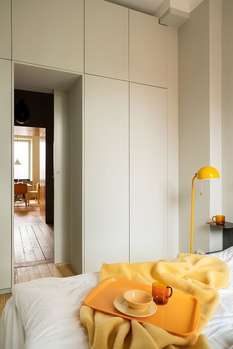 Wardrobe Wall, Stockholm Apartment, Living Place, Dekorasi Kamar Tidur, Yellow Interior, Yellow Bedroom, Bedroom Wardrobe, Interior Modern, Main Bedroom