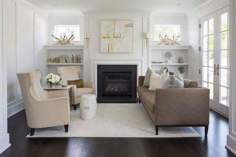 Actively Elegant - City Homes/Edina and Minneapolis Area Custom Home Builder Cape Remodel, Lounge Library, Fireplace Walls, Painted Rooms, Grey And Brown Living Room, Built In Around Fireplace, Arrange Furniture, Bookcase Ideas, Grey Fireplace