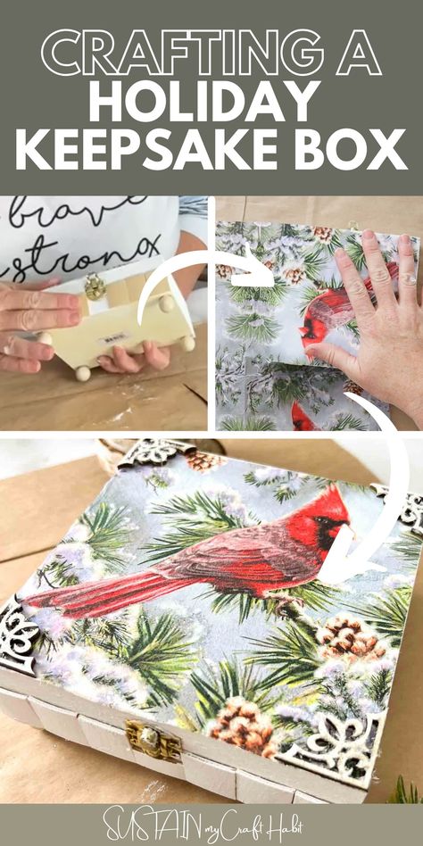 Decoupage Christmas Ideas, Christmas Decoupage Ideas, Wood Box Ideas, Collage With Text, Crafts Upcycling, Napkin Art, Christmas Trinkets, Crafts Holiday, Christmas Decoupage