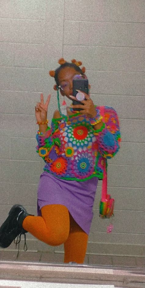 Rainbow Aesthetic Fashion, Bright Colorful Clothing, Acidwave Outfit, Weird Colorful Outfits, Acid Pixie Aesthetic Outfits, Colorful Alt Fashion, Clowncore Crochet, Crazy Outfits Weird, Bright Outfits Aesthetic