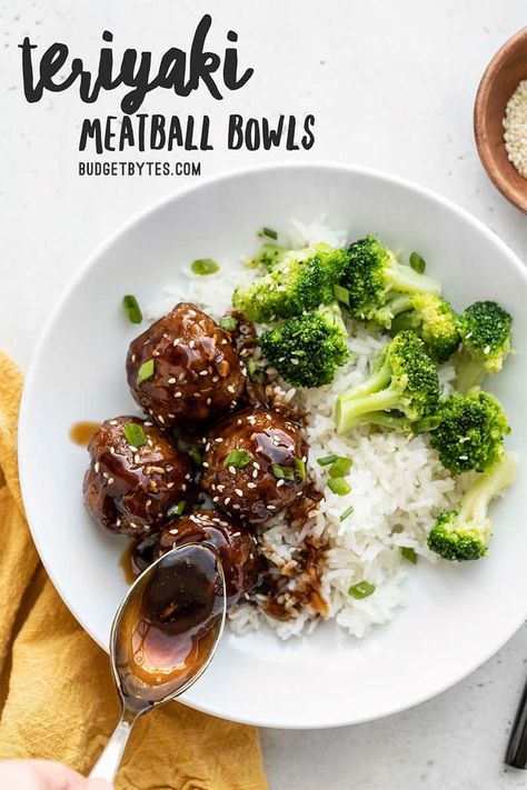 Teriyaki Meatball Bowls include fragrant jasmine rice, tender pork meatballs, hoemamde teriyaki sauce, and broccoli florets for an easy meal prep friendly meal! BudgetBytes.com Healthy Meatballs And Rice, Teriyaki Meatball Bowls, Teriyaki Meatballs And Rice, Evo Grill, Meatball Bowls, Budget Bites, Meatballs And Rice, Teriyaki Meatballs, Budget Bytes