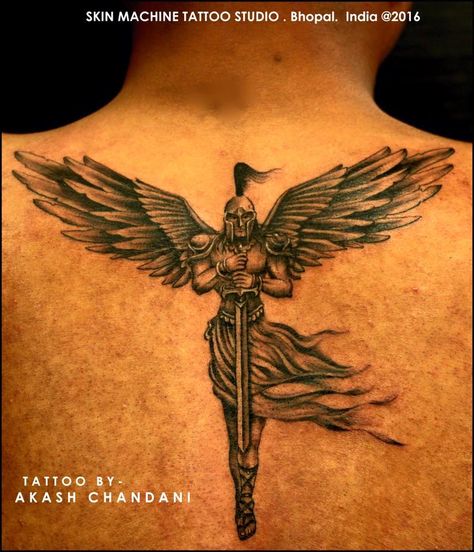 Angel soldiers are often portrayed with wings and a sword. They are fighters who represents all that is good in life and the afterlife and the fight against evil. Angel soldiers fight on behalf of God.  Tattoo done with great details by Akash Chandani @the_inkmann at Skin Machine Tattoo Studio  Hope you guys like this too.. :)... See More Gods Soldier Tattoo, Guarding Angel Tattoo, Angel Swordsman Tattoo, Soldier Of God Tattoo, Engel Krieger Tattoo, Angel With Wings Tattoo, Afterlife Tattoo, Tattoo With Wings, Angel Warrior Tattoo