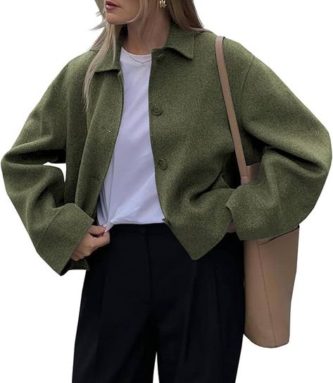 Tankaneo Womens Cropped Pea Coat Fall Winter Oversized Short Wool Blend Coat Casual Lapel Button Down Jacket Wool Jacket Outfit, Short Coat Outfit, Short Coat Style, Green Coat Outfit, Short Wool Coat, Wool Short Coat, Womens Outerwear, Teacher Clothes, Button Down Jacket