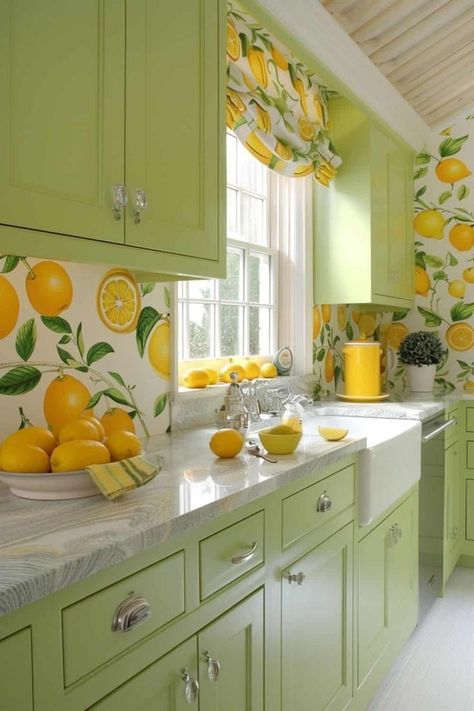 Lemon Themed Kitchen, Cabinet Color Ideas, Citrus Kitchen, Kitchen Cabinet Color, Kitchen Cabinet Color Ideas, Lemon Kitchen Decor, Squeeze The Day, Lemon Kitchen, Green Kitchen Cabinets