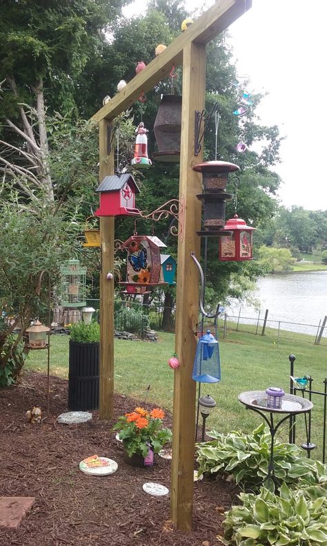 Bird Feed Station, Bird Feeder Areas Backyards, Bird Feeders In Yard, Multi Bird Feeder Station, Bird Sanctuary Ideas Backyards Diy, Multiple Bird Feeder Station, Outdoor Bird Sanctuary, Bird Feeding Areas Backyards, Wildlife Feeding Station