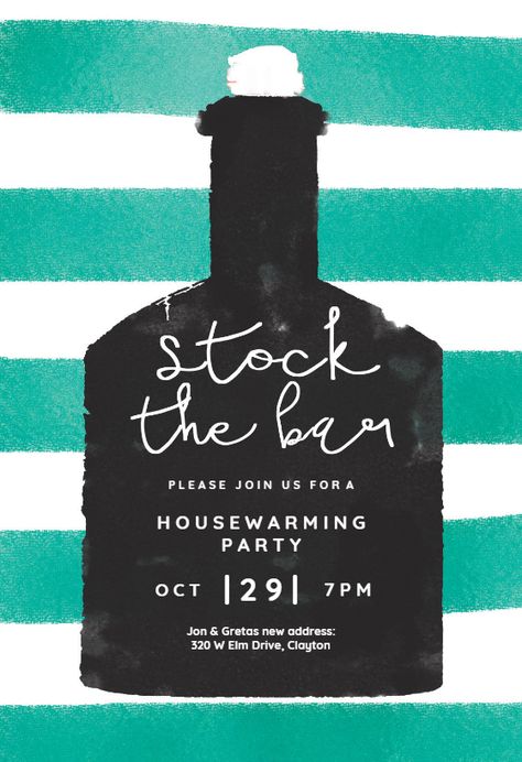 Stock the bar invitation template. Customize, add text and photos. Print, download, send online for free!  #invitations #printable #diy #template #Housewarming Stock The Bar Party Ideas Housewarming, Housewarming Party Themes, Stock The Bar Party, Bar Invitation, Housewarming Wishes, Breakfast Gift Basket, Housewarming Ideas, Housewarming Invitation Templates, Housewarming Invitation