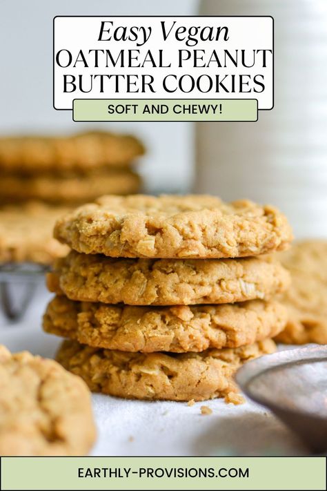 These Vegan Oatmeal Peanut Butter Cookies are easy to make and bake up super soft and chewy. This vegan cookie recipe is easy to make so its perfect for beginners! Oatmeal Peanut Butter Cookies Vegan, Vegan Peanut Butter Oat Cookies, Oatmeal Vegan Cookies, Easy Vegan Oatmeal Cookies, Vegan Cookie Recipes Easy, Easy Vegan Peanut Butter Cookies, Vegan Peanut Butter Oatmeal Cookies, Vegan Chewy Cookies, Egg Free Peanut Butter Cookies