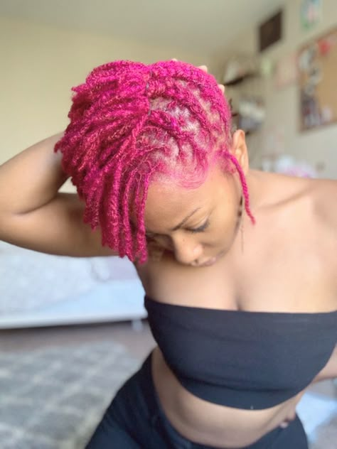 Dreadlock Hairstyles Short Locs, Pink Short Locs, Pink Microlocs, Locs On Studs, Pink Sisterlocks, Loc Styles On Short Locs, Short Loc Styles For Women Locks, Styles For Locs For Women, Short Dread Hairstyles