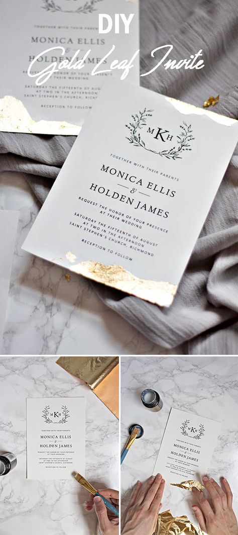 Easy to make gold leaf wedding invitation card Gold Leaf Wedding Invites, Gold Leaf Invitations Diy, Gold Leaf Invitations, Autumn Ball, Metallic Wedding Invitations, Wedding Invitation Text, Homemade Wedding Invitations, Wedding Invitation Ideas, Leaf Invitations