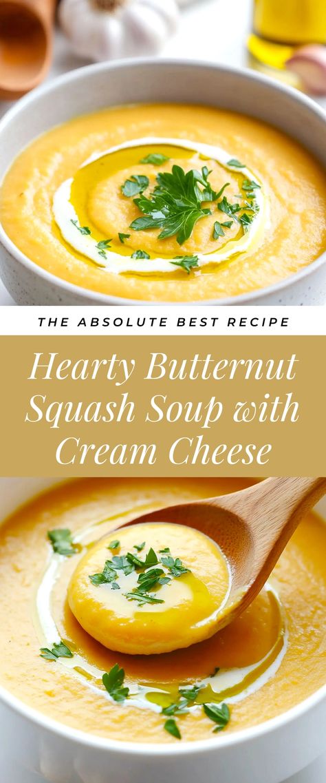 Image for Hearty Butternut Squash Soup with Cream Cheese Butternut Squash Soup With Cream Cheese, Savory Butternut Squash Soup, Soup With Cream Cheese, Mashed Squash, Savory Butternut Squash, Butternut Squash Recipes Soup, Butternut Squash Recipes, Butternut Squash Soup, Squash Soup