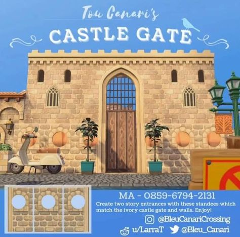 Acnh Castle, French Coastal, Castle Gate, Island 2, Castle Wall, Entrance Design, Greece Islands, New Animal Crossing, Animal Crossing Qr