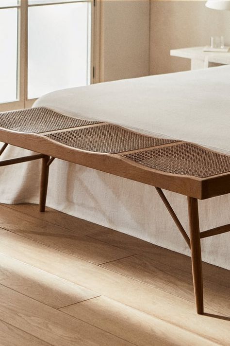 Bedroom | ZARA Canada Zara Home Bench, Rattan Bench, Walnut Armchair, Oak Bedside Tables, Long Bench, Wood Bedside Table, Green Street, Bed Bench, Wooden Stools