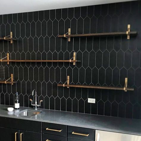 Black Backsplash, Home Bar Designs, Bar Designs, Black Tiles, Hexagon Tiles, Commercial Flooring, Basement Bar, Black Cabinets, Black Kitchen