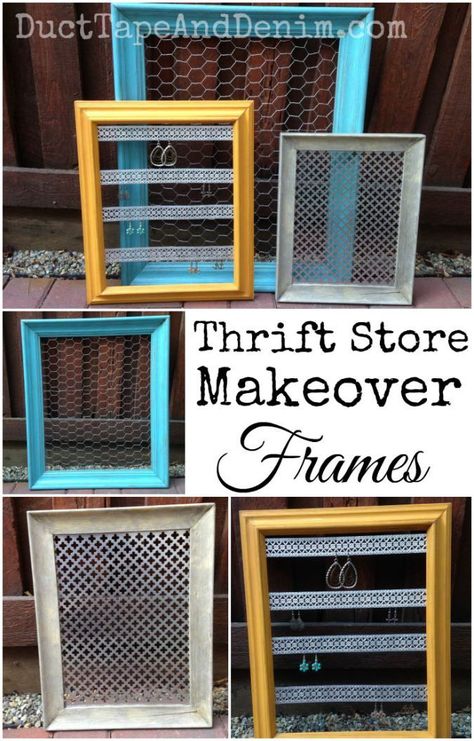 Thrift store makeover frames, three ways | DuctTapeAndDenim.com Flea Market Booth, Thrift Store Makeover, Diy Jewelry To Sell, Jewerly Displays, Diy Jewelry Display, Diy Jewelry Holder, Craft Fair Displays, Thrift Store Crafts, Craft Display