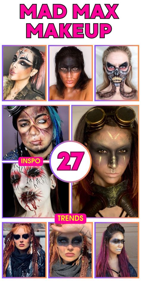 Create a stunning post-apocalyptic look with Mad Max makeup for Halloween. This makeup style draws inspiration from Fury Road, featuring elements like the iconic Furiosa design. Perfect for both men and women, these ideas are easy to follow and result in unique and spooky looks. Mad Max makeup is not only great for solo costumes but also fantastic for couple outfits, providing a creative and amazing aesthetic for any Halloween event. Post Apocalyptic Makeup Women, Mad Max Halloween Costume For Women, Post Apocalyptic Costume Women, Mad Max Hairstyles, Mad Max Outfit Women, Furiosa Makeup, Mad Max Costume Woman, Post Apocalyptic Makeup, Mad Max Makeup