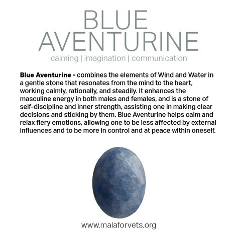 #GemstoneHighlight BLUE AVENTURINE The color blue is associated with a chakra located between your eyebrows...called the Third Eye. Blue Aventurine can help your esoteric powers so you can 'see beyond ordinary sight.' #gemstones #gems #jewelry #crystals #gemstonejewelry #gemstone #handmade #crystalhealing #handmadejewelry #minerals #crystal #jewelrydesigner #gem #love #healingcrystals #crystalshop #fashion #necklace #jewelrydesign #malaforvets #tenyearanniversary #supportingwarriors Aventurine Meaning, Adventurine Crystal, Aura Colors Meaning, Crystals Meanings, Crystals Healing Grids, Crystal Healing Chart, Blue Aventurine, Aventurine Necklace, Aventurine Crystal