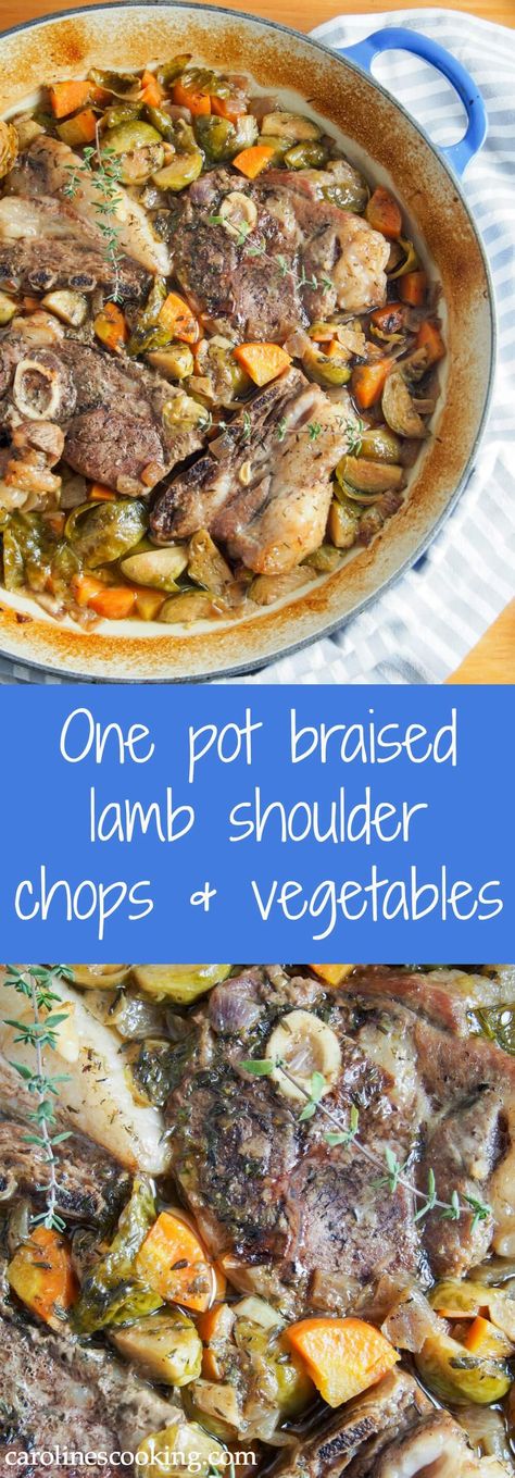 One pot braised lamb shoulder chops & vegetables is a delicious, comforting & easy one pot meal perfect for dinner on a cold night. Full of fantastic flavor, the meat is so tender too. Lamb Shoulder Chops Recipes, Braised Lamb Shoulder, Lamb Shoulder Chops, Braised Lamb, Lamb Shoulder, Lamb Dishes, Paleo Crockpot, One Pot Meal, Easy One Pot Meals