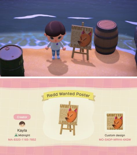 animal crossing custom design - redd wanted poster Animal Crossing Wanted Poster, Red Wanted Sign Animal Crossing, Acnh Wanted Poster, Ac Design Codes, Ac Custom Design, Animal Crossing Anime Design, Animal Crossing Poster Codes, Animal Crossing Id Codes, Acnh Poster Codes