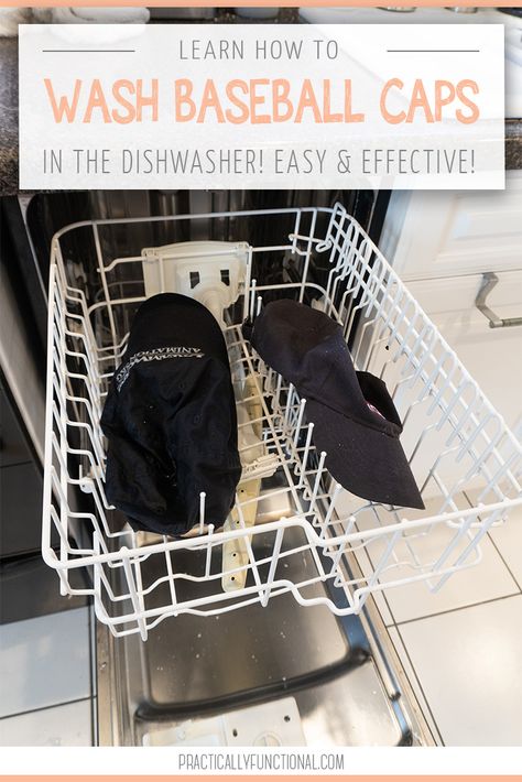 Baseball caps get so grimy so quickly! Here is the best way to get all those caps clean in a snap! Learn how to wash a baseball cap in the dishwasher! #cleaningtips #baseballcap How To Wash Baseball Cap, How To Wash Ball Caps, Washing Hats In Dishwasher, Washing Baseball Hats, Compressor Cart, White Baseball Hat, Super Tips, Cap Rack, House Cleaners