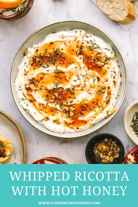 Make this creamy whipped ricotta dip with hot honey for a quick & delicious appetizer! Top with rosemary & walnuts, for savory & sweet bite! Ricotta Dipping Sauce, Savory Whipped Ricotta, Whipped Ricotta Dip With Hot Honey, Ricotta And Hot Honey, Whipped Riccota Hot Honey, Whipped Ricotta And Honey Dip, Whipped Ricotta Dip With Honey, Appetizer Recipes Ricotta, Hot Honey Dip Recipe