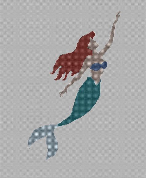 Ariel - The Little Mermaid - Cross stitch chart pattern - Disney Princess… Silhouette Cross Stitch Patterns, Ariel Crafts, Ariel Silhouette, Mermaid Cross Stitch, Mermaid Embroidery, Mermaid Crafts, Disney Cross Stitch Patterns, Chart Pattern, Disney Cross Stitch