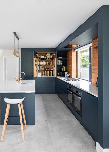 Blue, White and Wood Kitchen Packed With Storage Blue Kitchen Wooden Floor, Brown Blue White Bedroom, Kitchen Blue White Wood, Kitchen Blue And Wood, Blue White Wood Kitchen, Blue And Natural Wood Kitchen, Wood And Blue Kitchen, Blue And Wood Kitchen, Blue Wood Kitchen