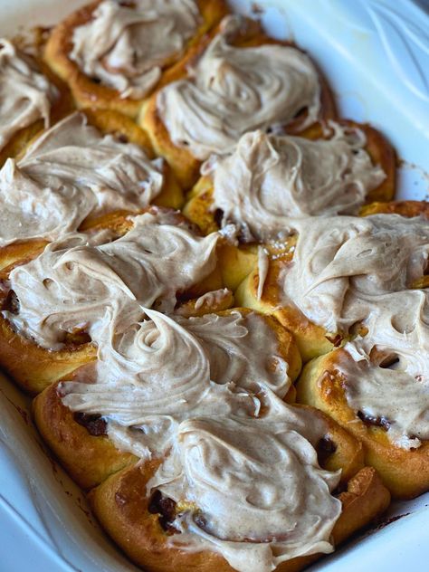 Pumpkin Cinnamon Rolls with Cinnamon Cream Cheese Frosting Pumpkin Cinnamon Rolls Easy, Yeast Roll, Brown Sugar Butter, Cinnamon Cream Cheese, Pumpkin Cinnamon Rolls, Yeast Rolls, Cornbread Dressing, Southern Lady, Recipes Sweet