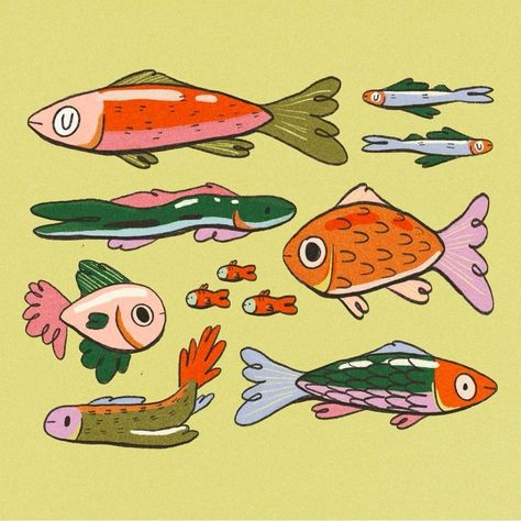 Funky Fish Drawing, Fish Drawings Cute, Funky Illustrations Drawings, Funky Illustrations Design, Funky Fish Art, Fish Cute Drawing, Fish Drawing Reference, Fish Illustration Cute, Silly Animal Drawings