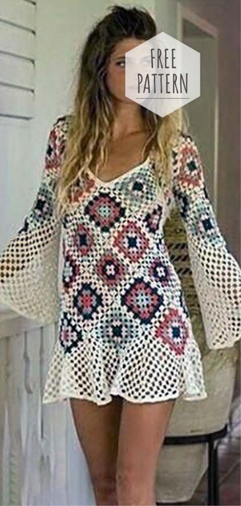 Crochet Beach Dress Free Pattern Coverup Crochet Pattern Free, Crochet Clothes Summer Free Pattern, Summer Dress Crochet Pattern Free, Crochet Summer Dress Pattern Free Women, Crochet Granny Square Beach Cover Up, Crochet Boho Dress Pattern Free, Boho Crochet Free Patterns, Crochet Skirts Pattern Free, Granny Square Dress Pattern Free