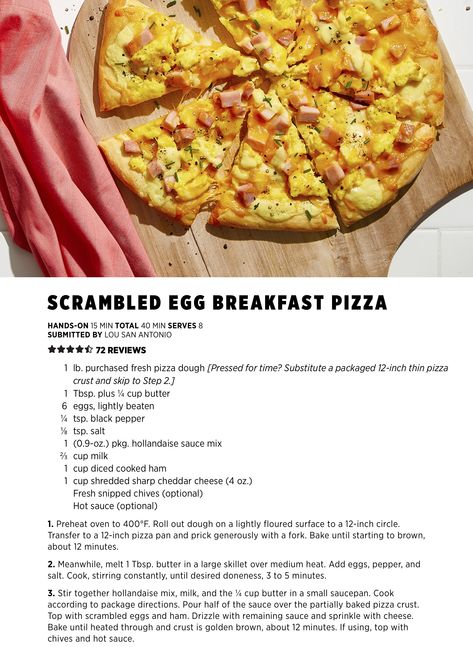 Scrambled Egg Breakfast, Pizza Dough Press, Egg Pizza Breakfast, Breakfast Eggs Scrambled, Dough Press, Scrambled Egg, Hollandaise Sauce, Breakfast Pizza, Sharp Cheddar Cheese