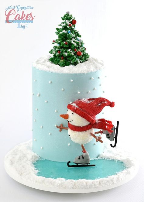 Snow Cake Winter, Fondant Snowman, Cake Decorating Ideas Christmas, Ice Skating Cake, Christmas Cake Decorating Ideas, Christmas Cake Decorating, Winter Torte, Girly Birthday Cakes, Snow Cake