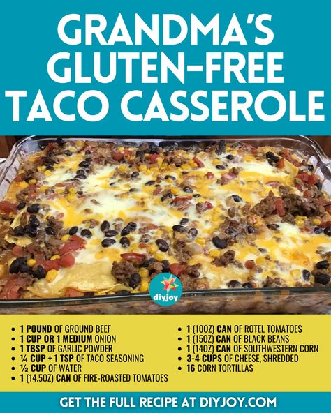 Gluten Free Taco Casserole, Casserole Recipes Gluten Free, Taco Casserole Recipes, Gluten Free Taco, Corn Tortillas Tacos, Cornbread Muffins Recipe, Bacon Chili, Gluten Free Tacos, Slushie Recipe