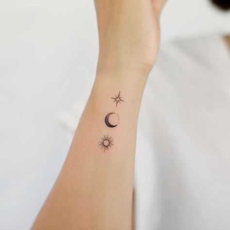 Infinity Moon Tattoo, A Star Tattoo, Side Hand Tattoos, Charm Tattoo, Maching Tattoos, Meaningful Wrist Tattoos, Small Girly Tattoos, Sun And Moon Tattoo, Star Tattoo Designs