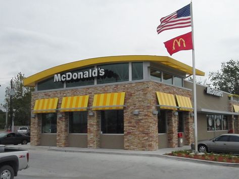 McDonald's Building Exterior Design Mcdonalds Building, Fast Food Restaurant Design, Building Exterior Design, Working At Mcdonalds, Mcdonald's Restaurant, Building Drawing, Black And White Picture Wall, Building Designs, Fast Food Restaurant