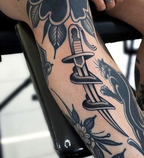 Folding Knife Tattoo, Traditional Flail Tattoo, Traditional Mace Tattoo Design, Traditional Knife Tattoo, Knife Heart Tattoo Old School, Knife Heart Tattoo Traditional, Mace Tattoo Blackwork, Traditional Knife Tattoo Design, Dager And Heart Tattoo