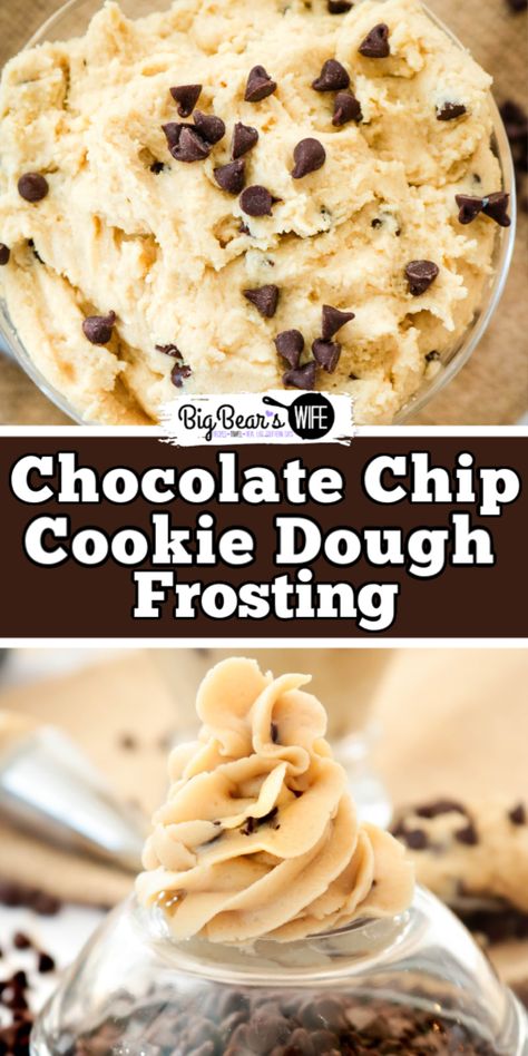 Chocolate Chip Cookie Dough Frosting - Love Cookie Dough? This Chocolate Chip Cookie Dough Frosting is perfect for macarons, cupcakes and brownies! Chocolate Chip Icing Recipe, Chocolate Chip Cookie Dough Cake Filling, Chocolate Chip Cookie Dough Buttercream, Cookie Dough Icing Cupcakes, Cookie Dough Frosting Cupcakes, Chocolate Chip Cookie Dough Frosting Recipe, Chocolate Chip Frosting Easy, Chocolate Chip Cookie Frosting, Chocolate Chip Cookie Icing