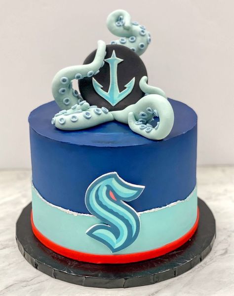 Kraken Cake, Corporate Cookies, Hockey Cakes, Cupcakes Wedding, Seattle Kraken, Special Occasion Cakes, Boy Birthday Cake, Occasion Cakes, First Bday