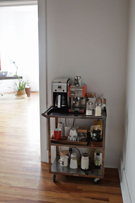 Coffee cart Coffee Can Crafts, Drink Stand, Coffee Cart, Secret House, Office Pods, A Beautiful Mess, Coffee Carts, Coffee Corner, Bedroom Closet