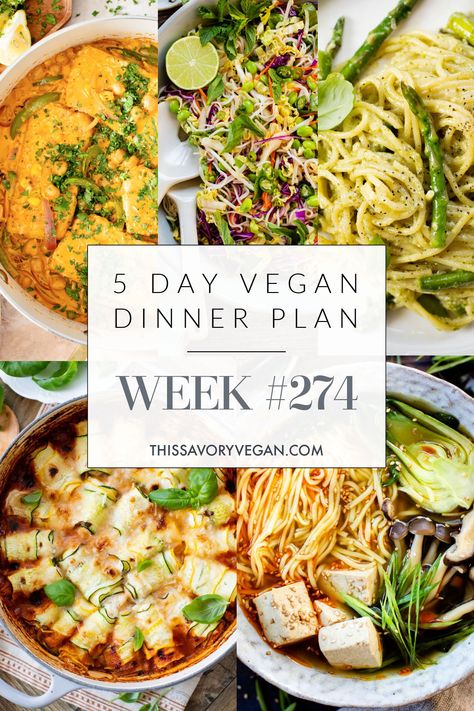 5 simple and delicious vegan dinner recipes plus a grocery list to help inspire your menu! Dinner Planning Weekly, Vegan Enchiladas, Tempeh Bacon, Vegan Menu, Vegan Tacos, Dinner This Week, Vegan Meal Plans, Savory Vegan, Dinner Plan