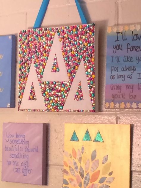 15 Sorority Crafts That You Must Do This Summer Delta Delta Delta Canvas, Tri Delta Canvas, Bedazzled Canvas, Big/little Baskets, Big Little Canvas, Greek Crafts, Letter Canvas, Sorority Art, Big Little Basket